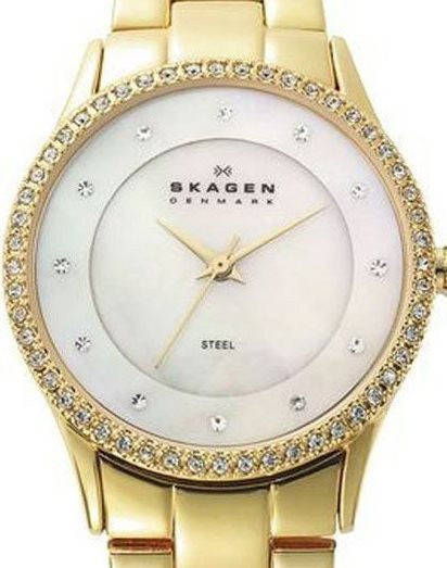 Authentic SKAGEN Denmark Ultra Slim Crystal Accented Mother Of Pearl Ladies Watch