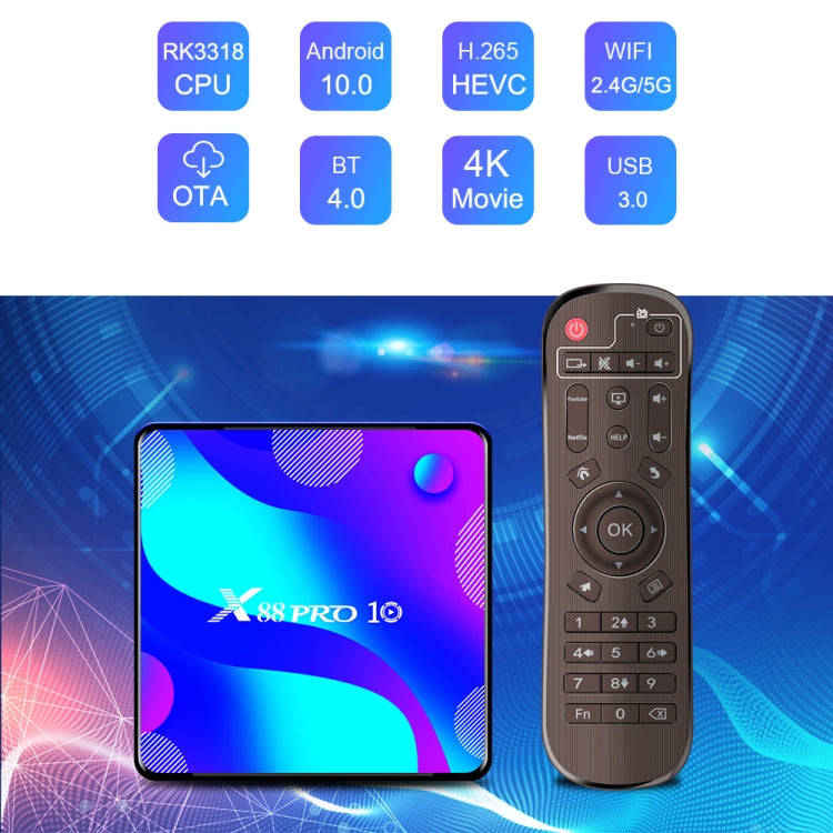 X88 PRO10 4K Smart TV BOX Android 11.0 Media Player, RK3318 Quad-Core 64bit Cortex-A53, RAM: 2GB,...