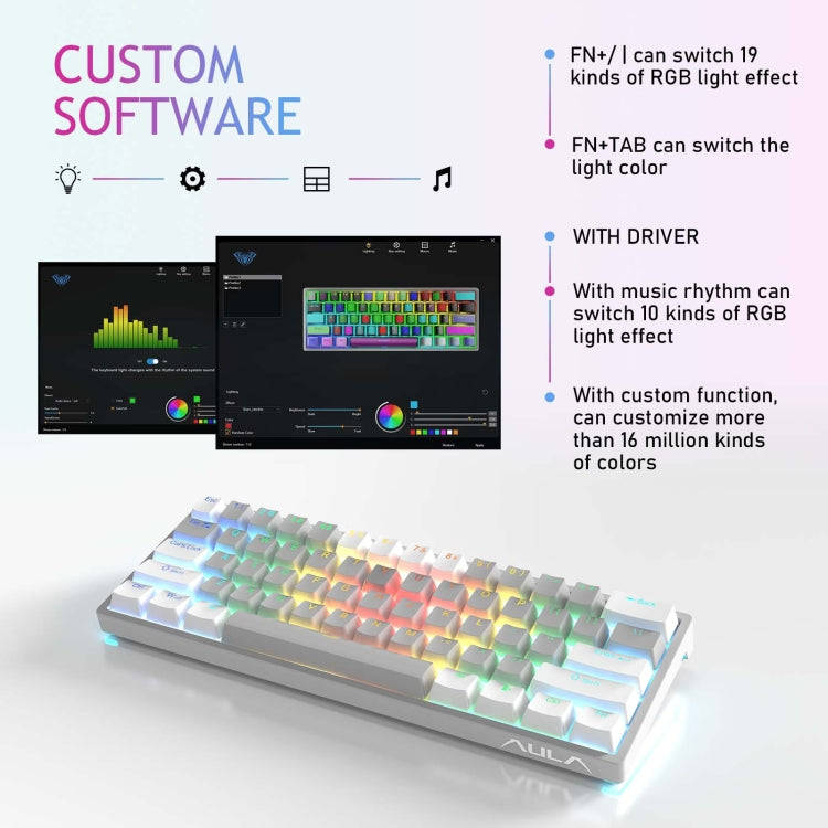 AULA F3261 Type-C Wired Hot Swappable 61 Keys RGB Mechanical Keyboard(White Grey Green Shaft)