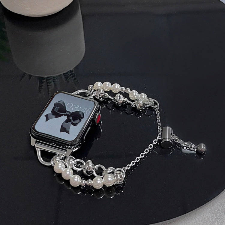 For Apple Watch SE 2022 40mm Pearl Bracelet Metal Watch Band(Silver Black)