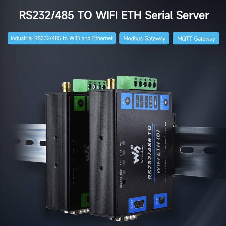 Waveshare Industrial Grade Serial Server RS232/485 to WiFi / Ethernet RJ45 Network Port with POE ...