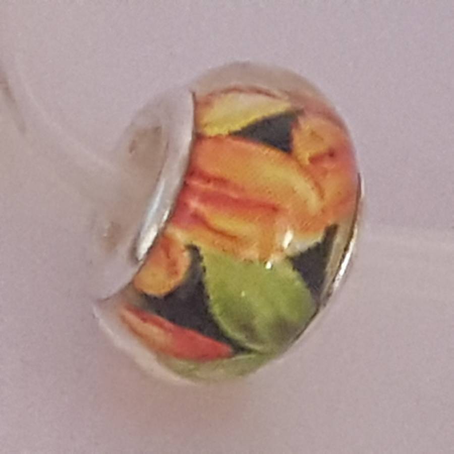 Murano-type Glass Bead Fit Pandora: Clear Multi Coloured Leaf Pattern