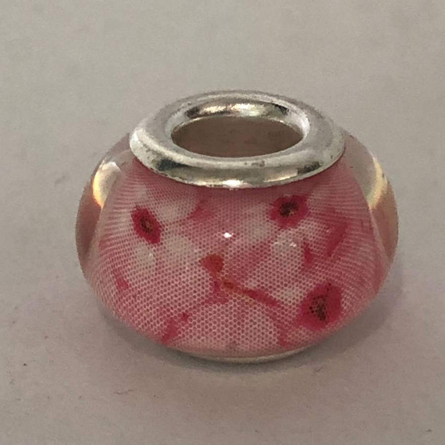 Murano-type Glass Bead Fit Pandora: Pink & White Abstract Design