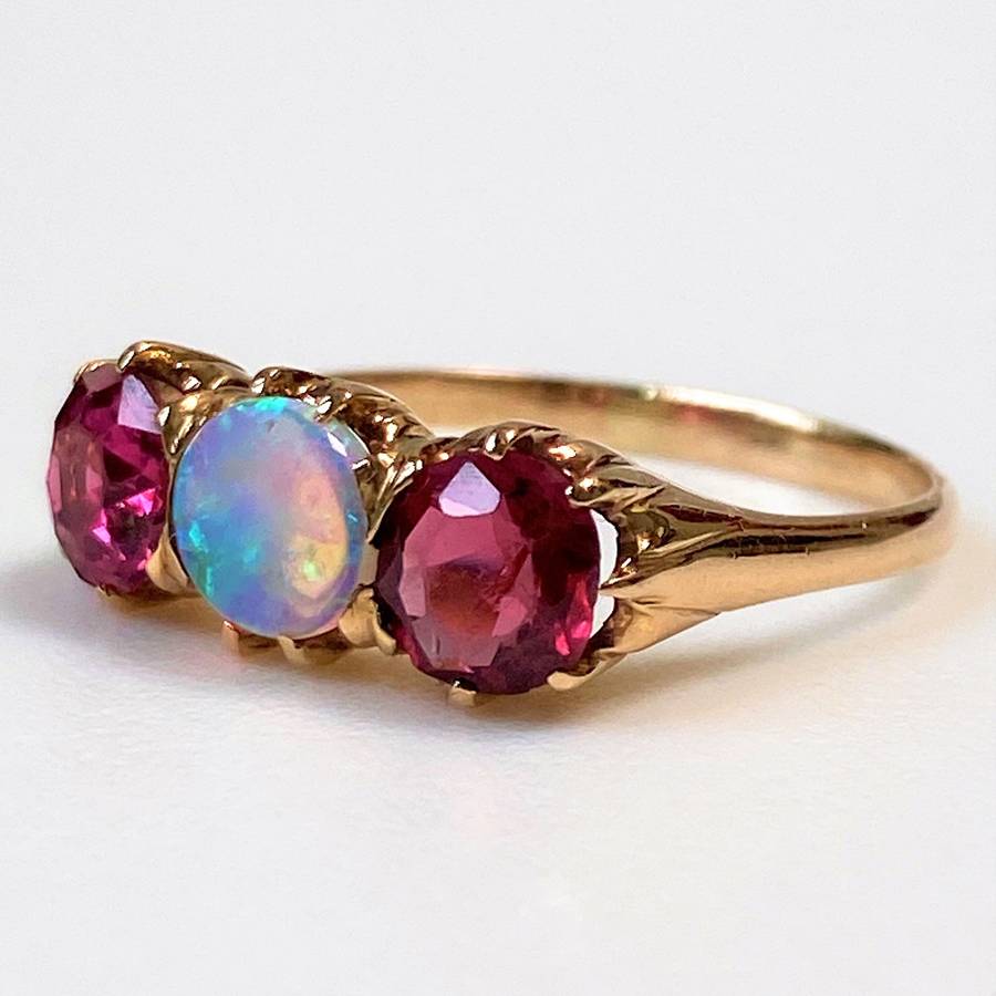 15ct Gold, Opal and Ruby Trilogy Ring
