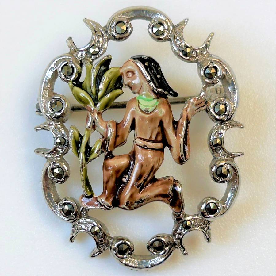 White Metal, Enamel and Marcasite Virgo Brooch