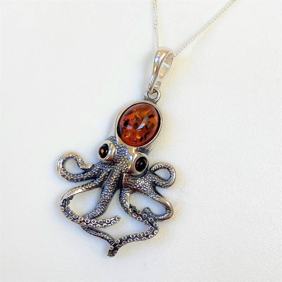 Sterling Silver and Amber Octopus Pendant on Chain