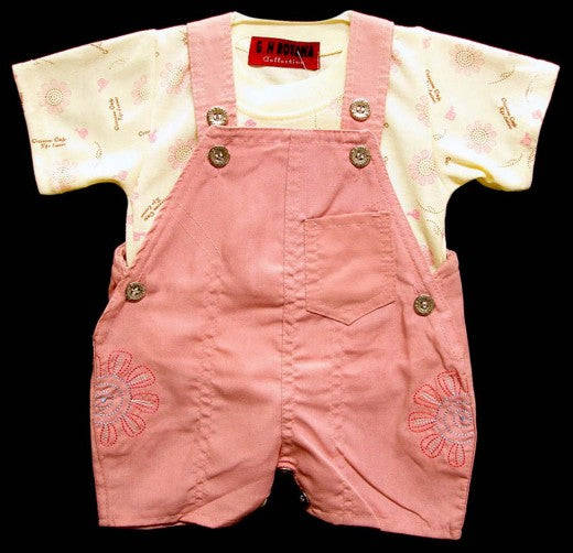 INFANTS DUNGAREE & T SHIRT - 0-3 MONTHS / Pink and Yellow
