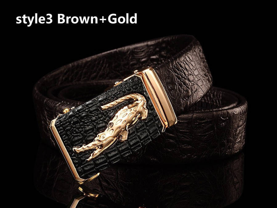 Genuine Leather Automatic Buckle Belt - Crocodile Finish - Brown Gold