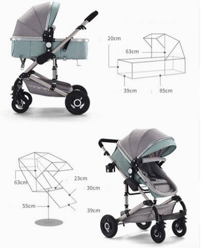 FREE Delivery - Baby Pram Stroller - 3 Function Foldable Baby Pram with Car Seat- mint green