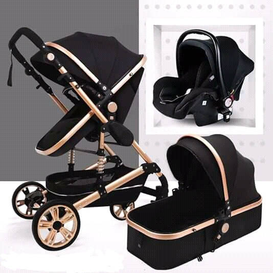 FREE Delivery - Baby Pram Stroller - 3 Function Foldable Baby Pram with Car Seat- Black and Gold