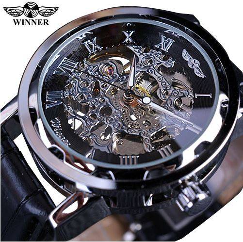 Automatic Skeleton Mechanical Watches - Black Leather Band - Silver Black