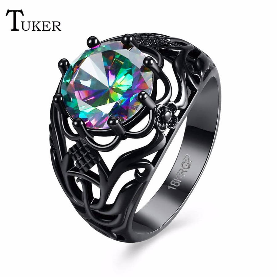 Black Gun Plated Opal Crystal Ring - Size 6