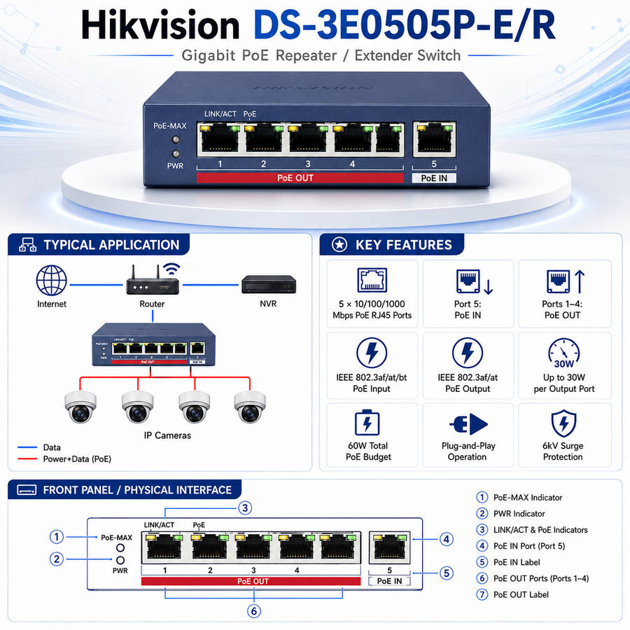 Hikvision 4 Port Gigabit PoE Repeater