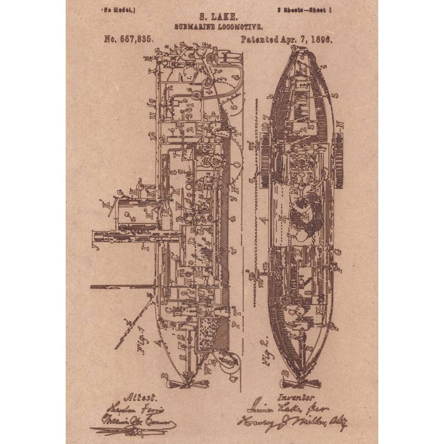 Vintage Patent Sketch Style Submarine - Unframed