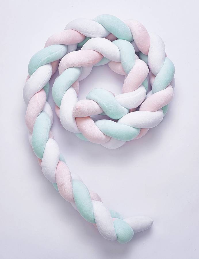 Braided Crib Protector or Cot Bumper  2M - Pink, White and Grey