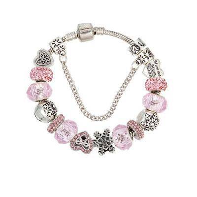 Charming Soft Pink and Silver bracelet with heart and snowflake-themed charms