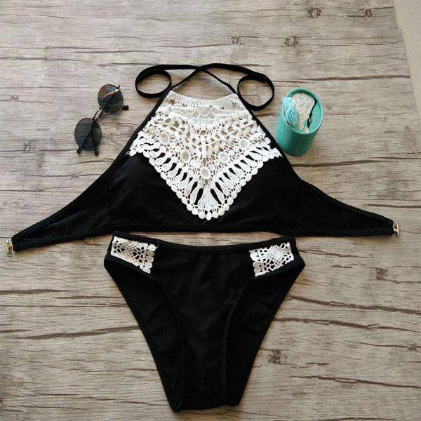High Neck Bikini Set with Lace - Black / XL