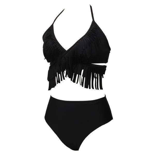 Women's Black Fringe Crossover Two-piece Bikini