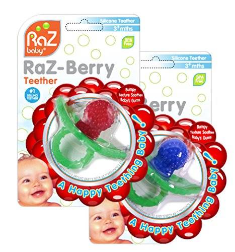 RaZbaby RaZ-Berry Silicone Teether/Double Pack Red & Blue/Multi-texture Design/Hands Free Design