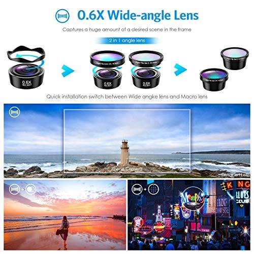 [Upgraed Version] AMIR Phone Camera Lens, 5 in 1 Cell Phone Lens Kit, 15X Macro Lens + 0.6X Wide ...