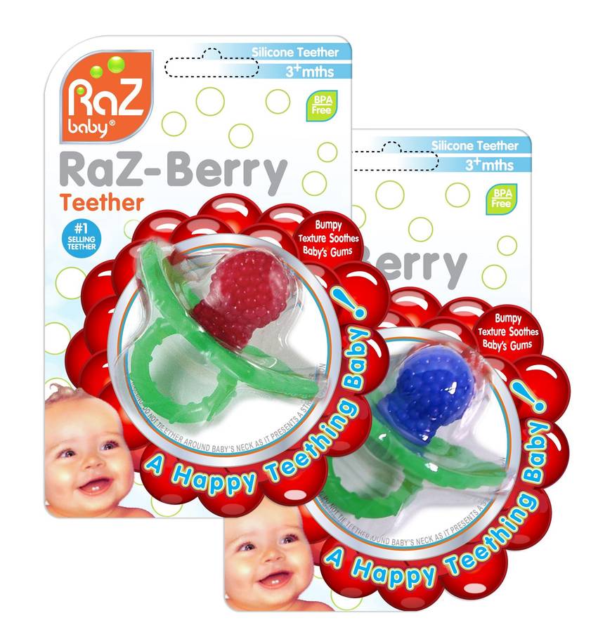 RaZbaby RaZ-Berry Silicone Teether/Double Pack Red & Blue/Multi-texture Design/Hands Free Design