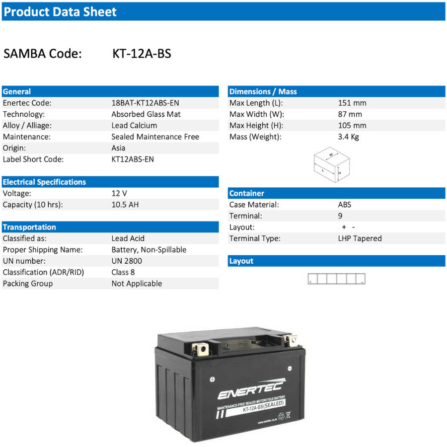 Enertec Battery KT-12A-BS -Motorcycle Battery
