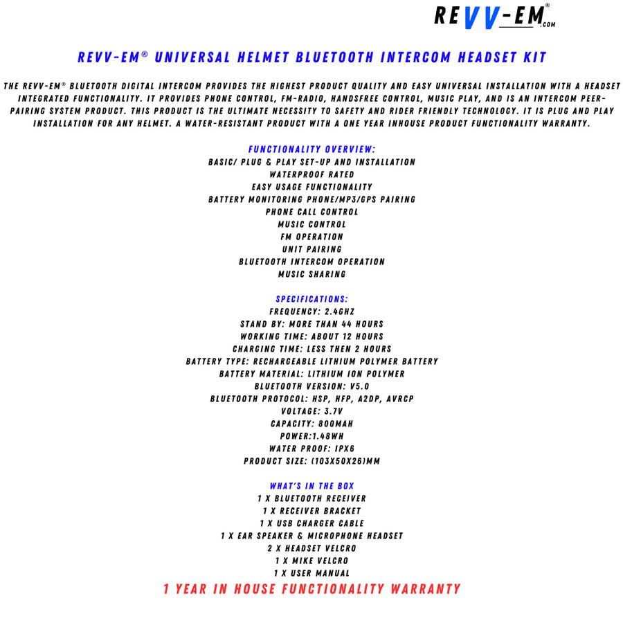 REVV-EM® Universal Helmet Bluetooth Intercom Headset Kit
