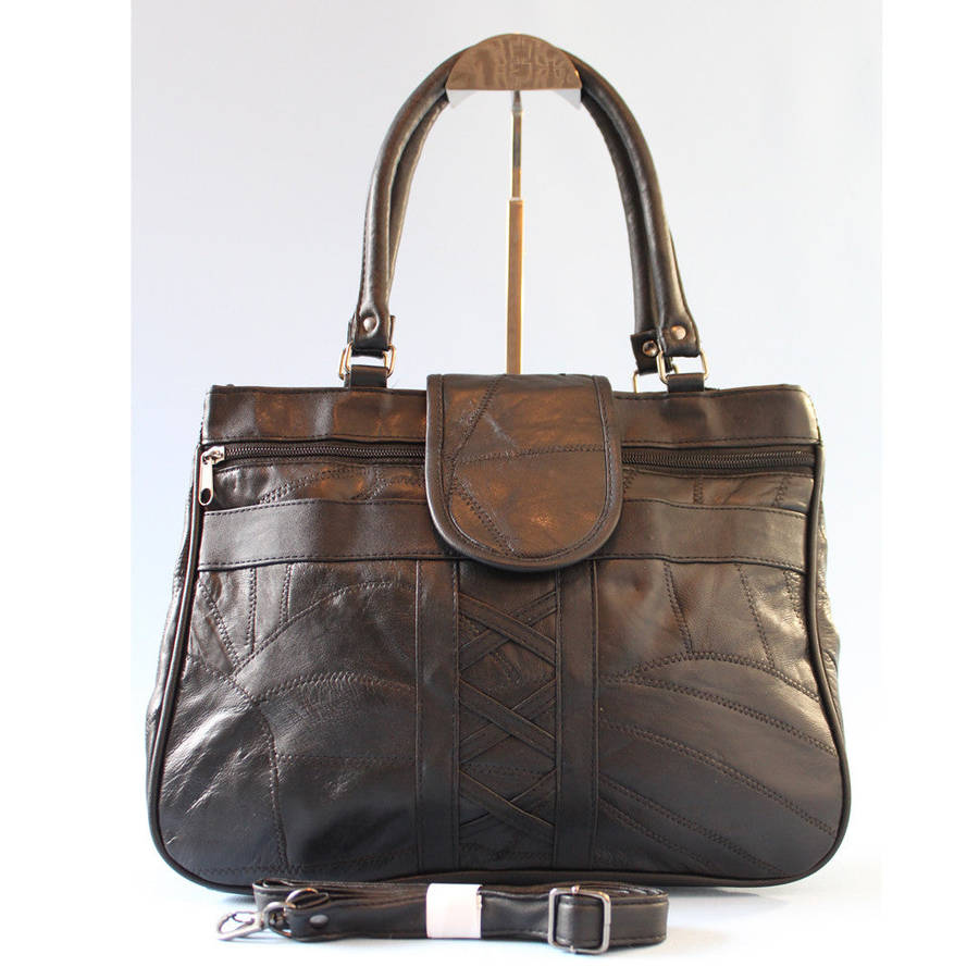 100% Genuine Patch Leather Hand Bag- Black