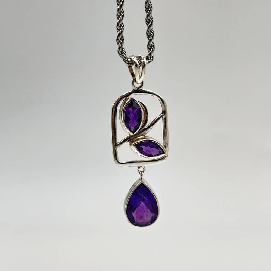 Sterling Silver 3 Stone Amethyst Crystal Pendant