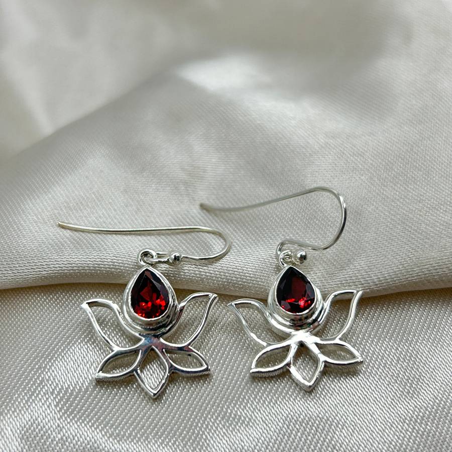 Sterling Silver Lotus Garnet Crystal Earrings