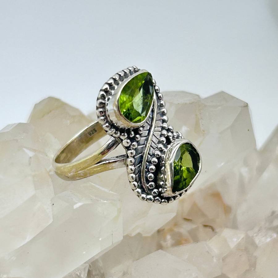 Peridot Faceted Crystal Sterling Silver Ring