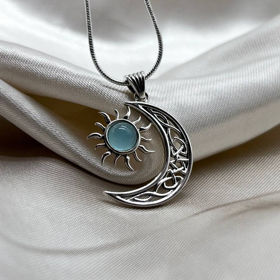 Celtic Cresent Moon & Sun Blue Chalcedony Sterling Silver Pendant