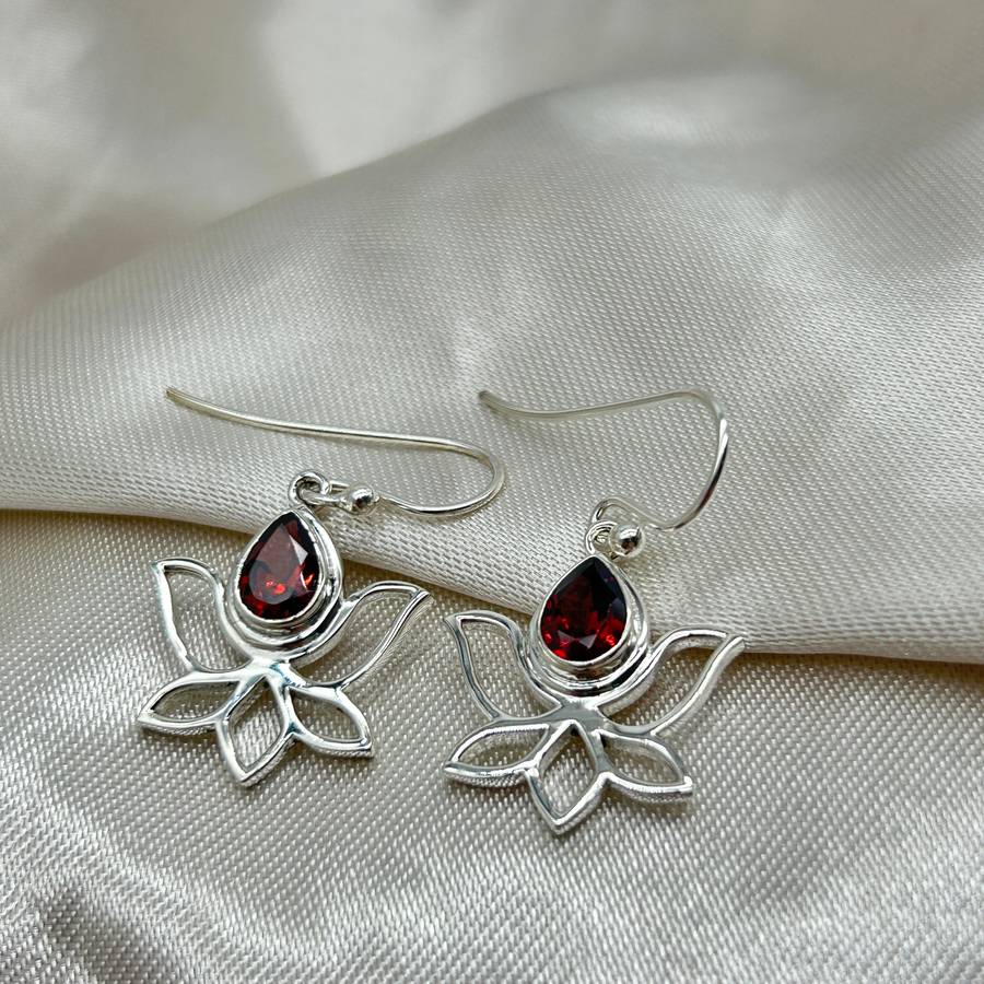 Sterling Silver Lotus Garnet Crystal Earrings
