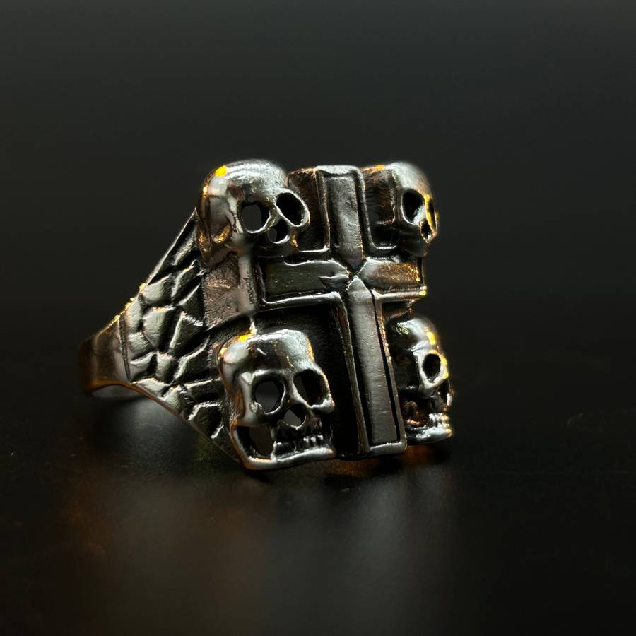 Mens 4 Skull Cross Sterling Silver Ring