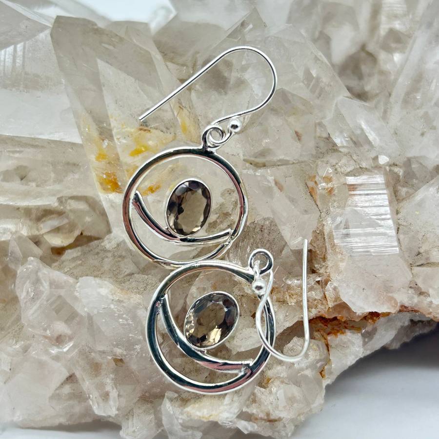 Modern Crescent Moon Smoky Quartz Crystal Sterling Silver Earrings