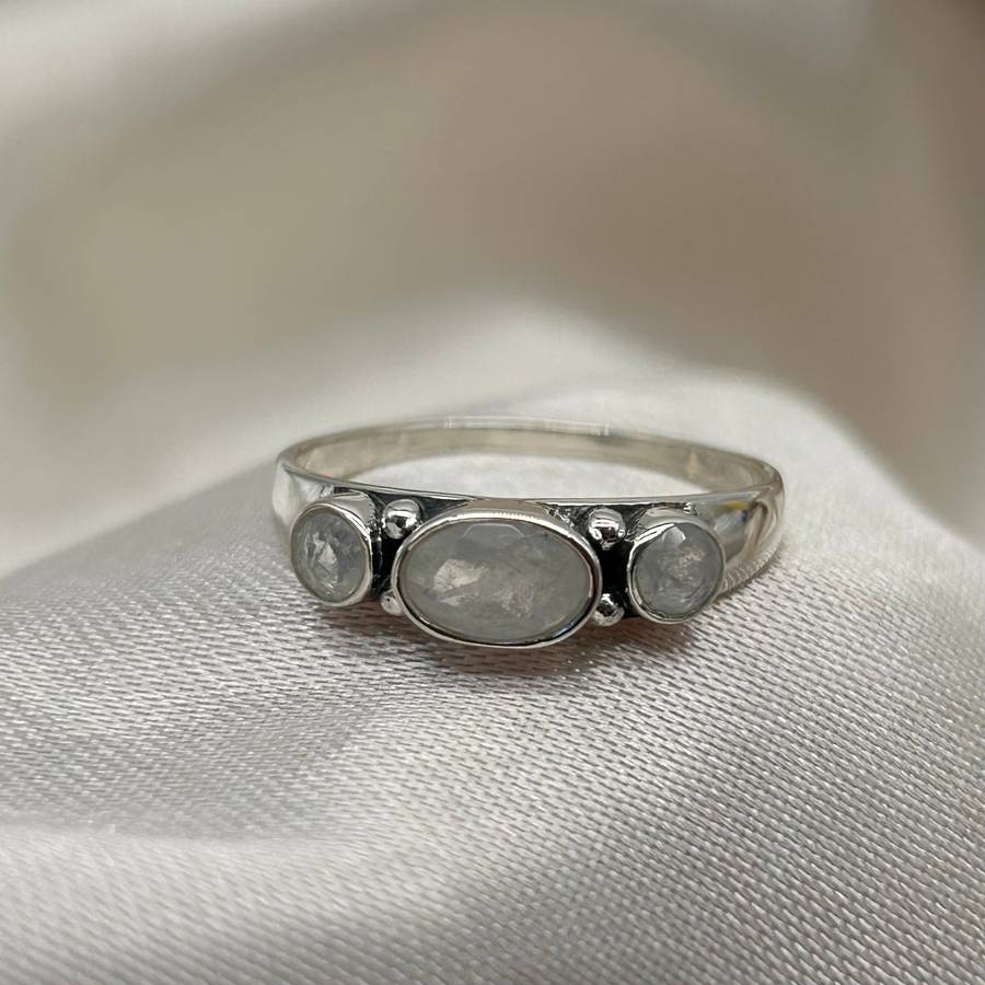 Moonstone Sterling Silver Crystal 3 Stone Ring