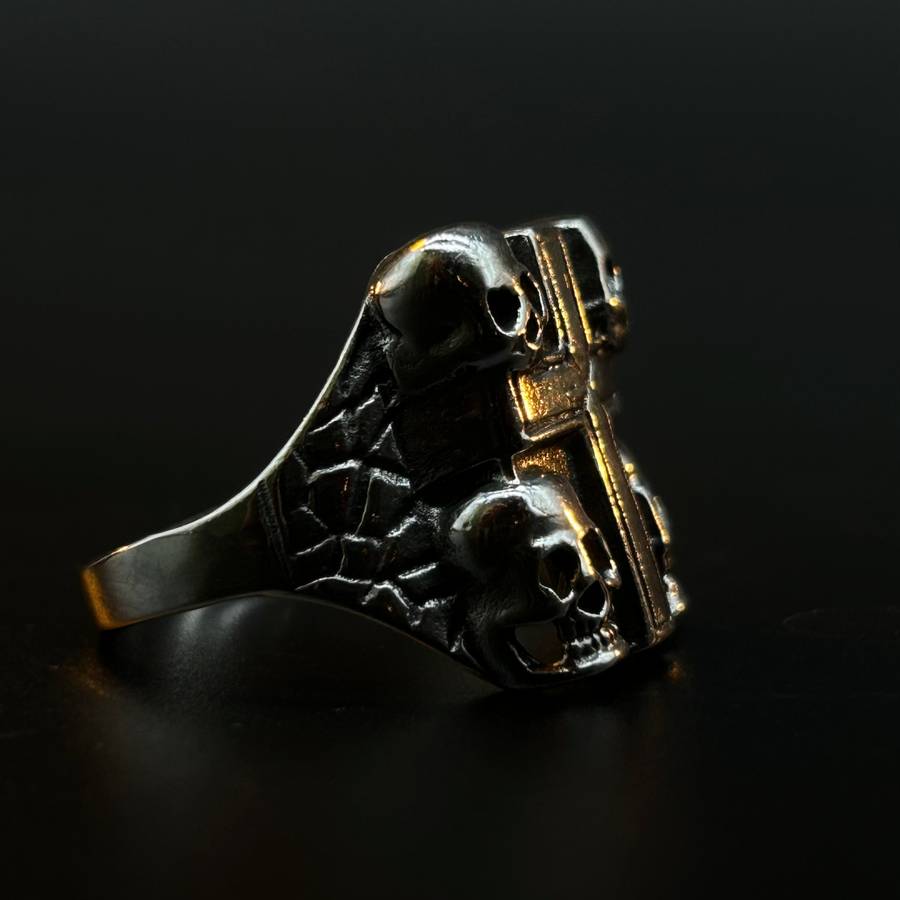 Mens 4 Skull Cross Sterling Silver Ring
