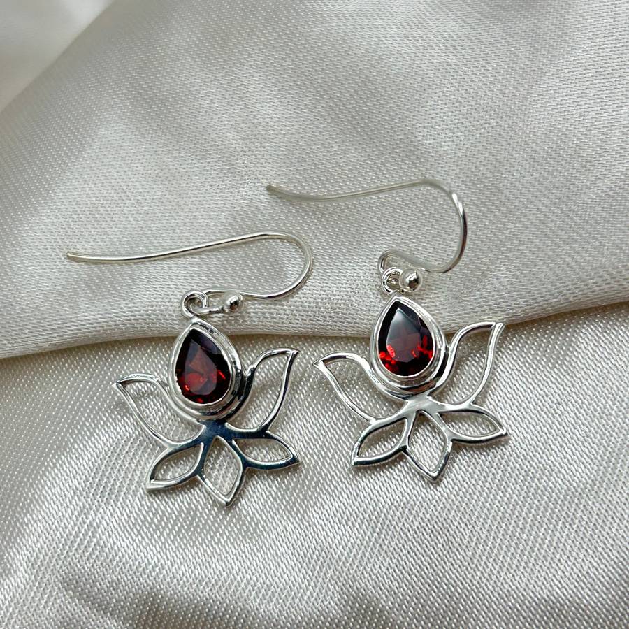 Sterling Silver Lotus Garnet Crystal Earrings