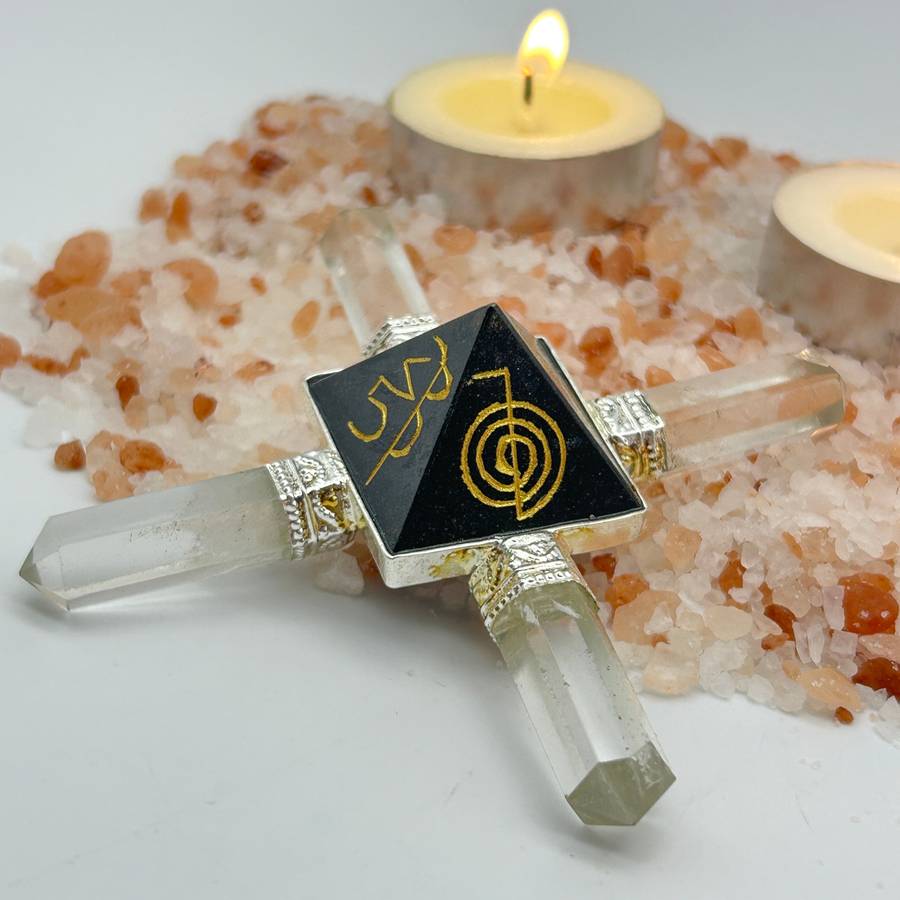 Black Tourmaline Generator Pyramid with Reiki Symbols and Clear Quartz Points
