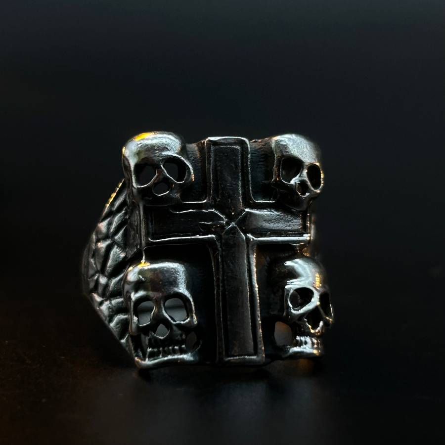 Mens 4 Skull Cross Sterling Silver Ring