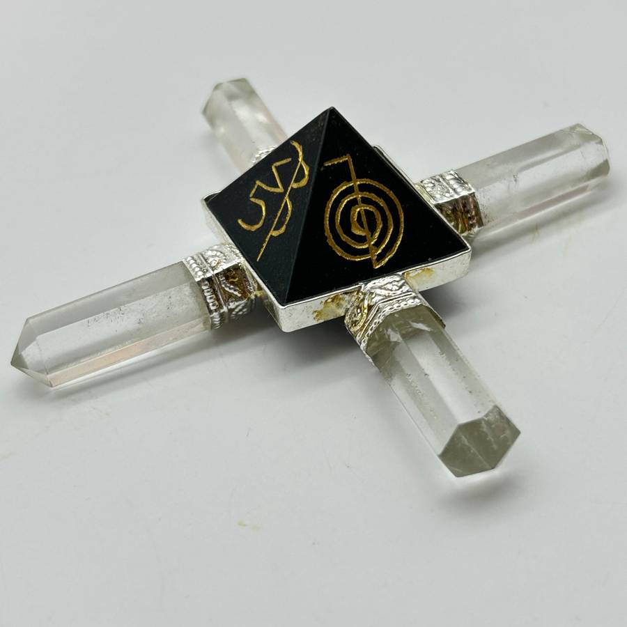 Black Tourmaline Generator Pyramid with Reiki Symbols and Clear Quartz Points