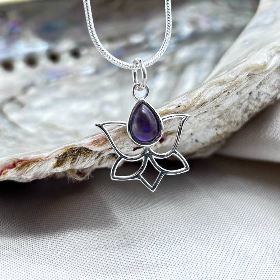 Sterling Silver Lotus with Drop Amethyst Crystal Pendant