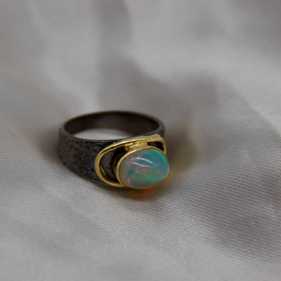 Ethiopian Opal Sterling Silver Rhodium Ring