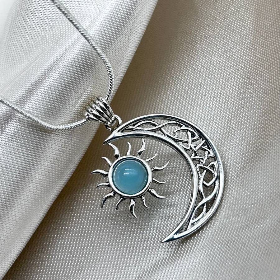 Celtic Cresent Moon & Sun Blue Chalcedony Sterling Silver Pendant