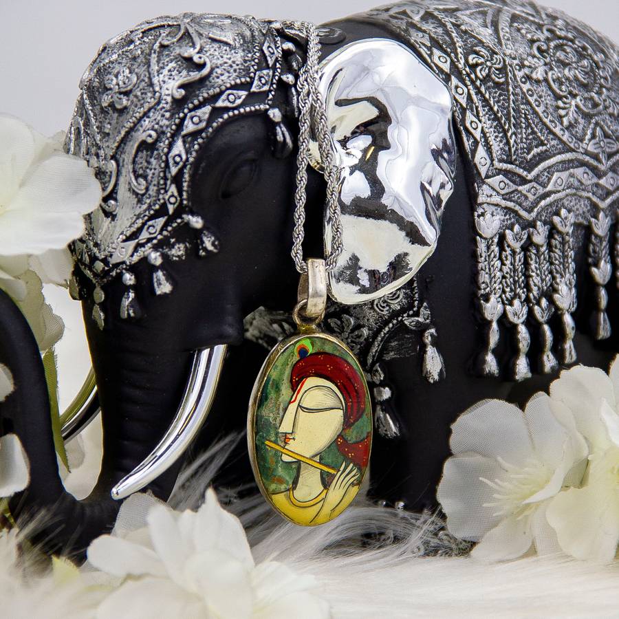 Sterling Silver Bloodstone Crystal Gemstone Pendant with hand-painted Lord Krishna Deity