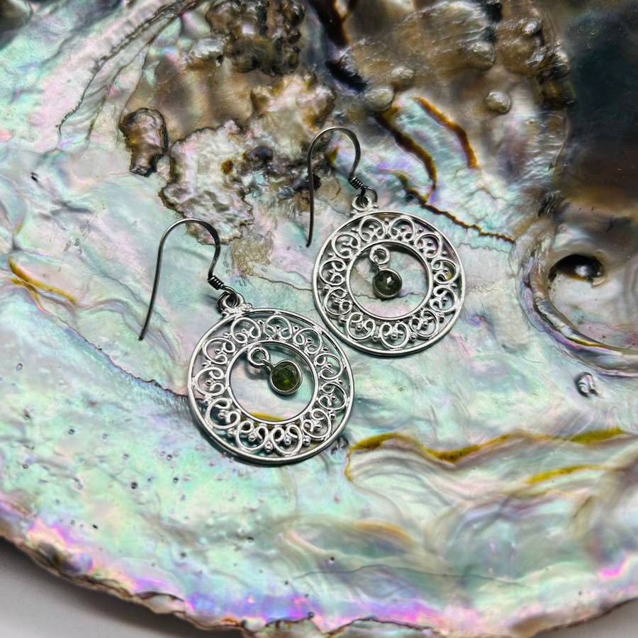 Sterling Silver Dreamcatcher Peridot Crystal Cabochon Earrings