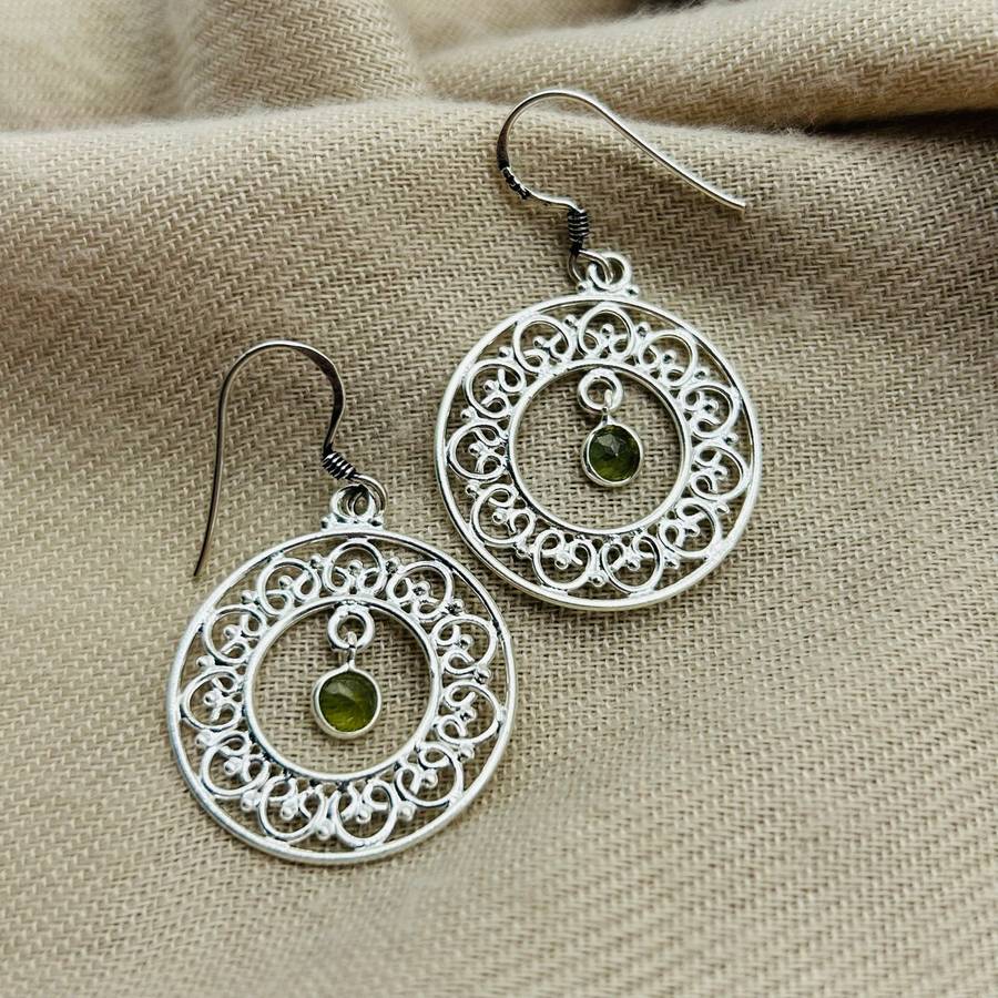 Sterling Silver Dreamcatcher Peridot Crystal Cabochon Earrings