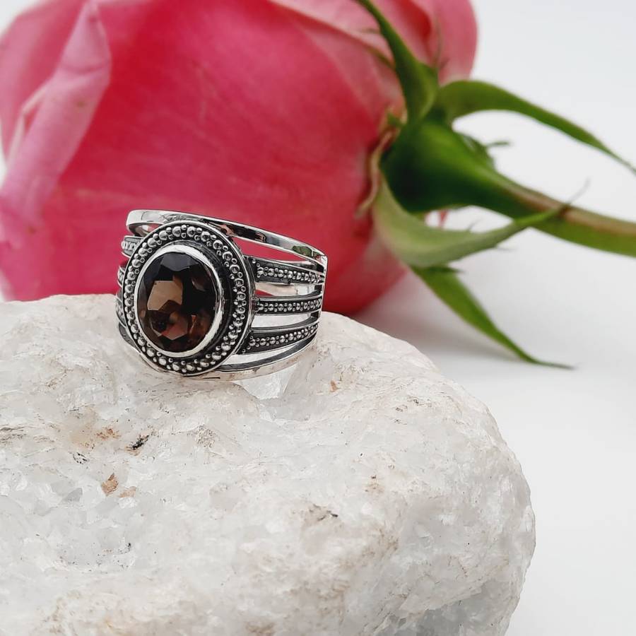 Sterling Silver Detailed Smoky Quartz Crystal Ring