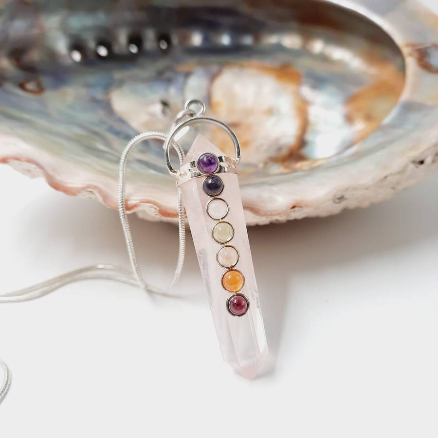 Double Terminated Rose Quartz Crystal Pendant With Chakra Gemstone Cabochons