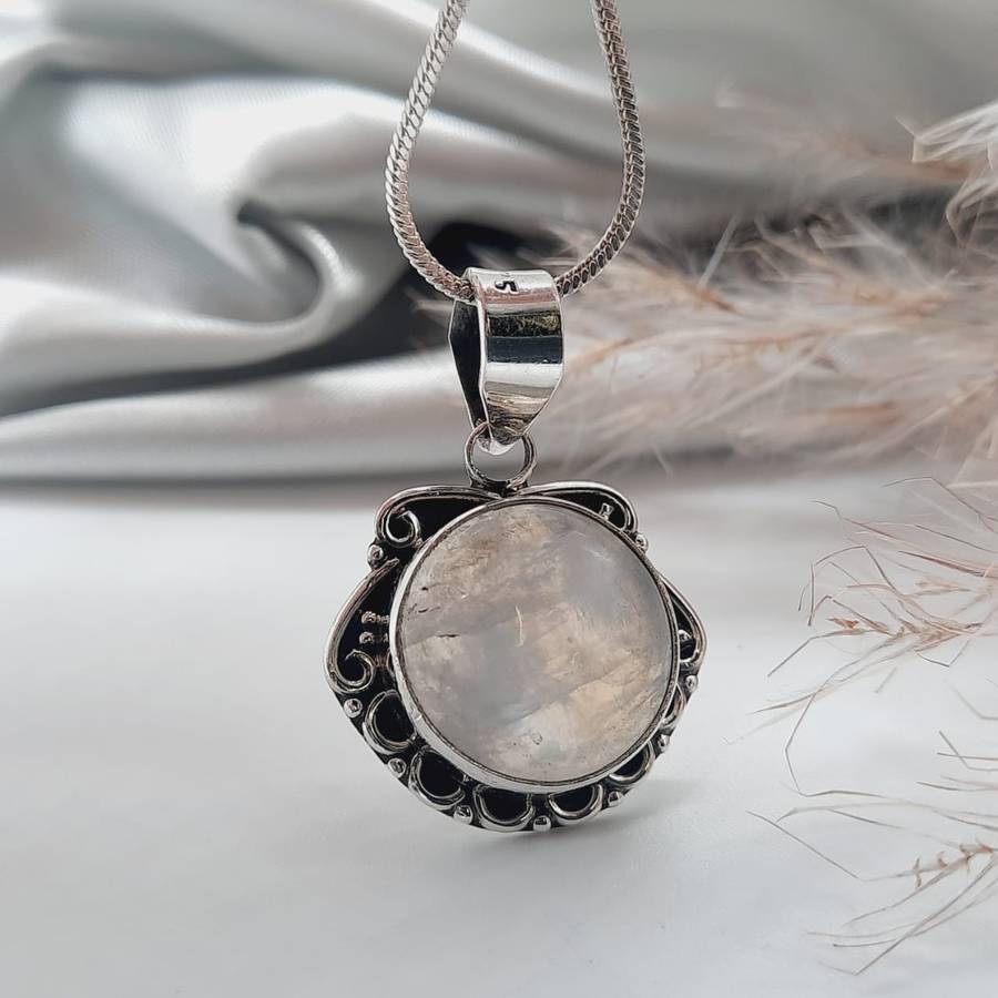 Sterling Silver Crystal Moonstone Cabochon Pendant